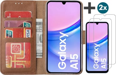 Hoesje met 2 Stuks Screenprotectors Geschikt voor Samsung Galaxy A15 – Arara bookcase met pasjeshouder - Bruin