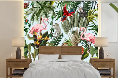 Behang - Fotobehang Jungle - Dieren - Meisjes - Kinderen - Jongens - Flamingo - Papegaai - Breedte 220 cm x hoogte 220 cm