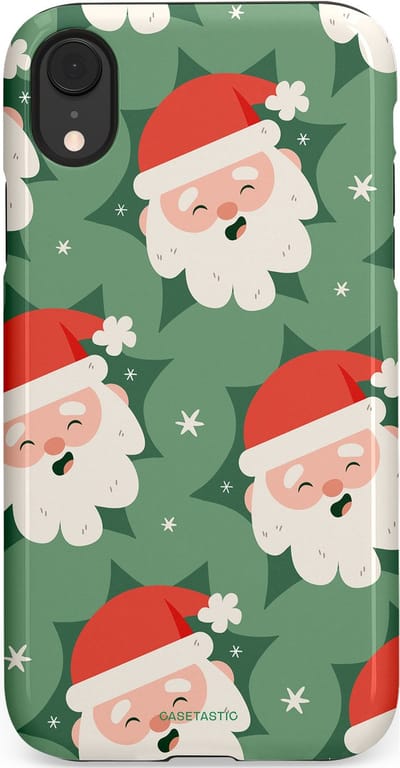 Casetastic hoesje geschikt voor Apple iPhone XR - Dubbellaagse bescherming - Vrolijke Kerstmannen in de Sneeuw - Fashion Case - Saliegroen Wit Perzik Crème