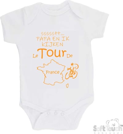 100% katoenen Romper "ssssstt... Papa en ik kijken Le Tour De France" Wielrennen Papa Vaderdag Katoen Wit/mosterd Maat 68/74