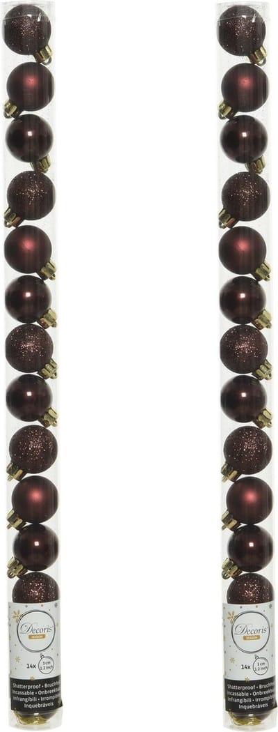 Decoris Mini kerstballen - 42x st - mahonie bruin - D3 cm - kunststof - kerstversiering