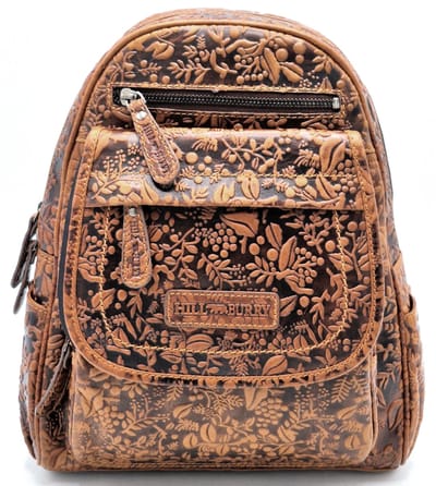 HillBurry Leren Rugzak met Bladeren Reliëf - Bruin - h30 cm x b25 cm x d10 cm
