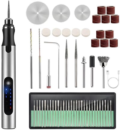 Elektrische Graveerpen - 58-delige Graveerset - USB Oplaadbaar - Draadloos - Tot 18.000 tpm - Compact - Etsen - Mini DIY Graveerpen - Voor Sieraden, Glas, Hout, Kunststof, Metaal - Zilver
