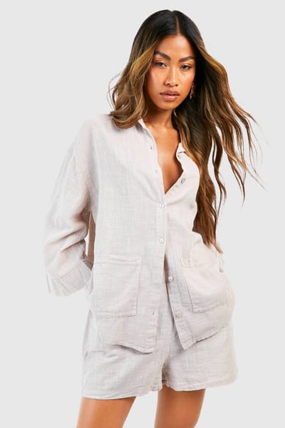 boohoo Dames Textuurrijk Lichtgewicht Katoenen Oversized Shirt | Natural | Maat: 38