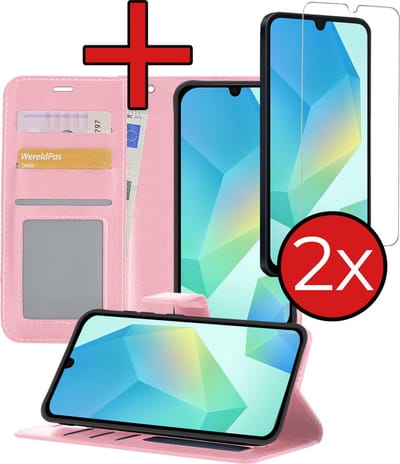 Hoesje - Met 2x Screenprotector - Geschikt voor Samsung Galaxy A16 - Luxe Pasjeshouder - Flip Case - Bookcase Portemonee - Kunstleer Book Case - Flipcase Hoes - Book Cover - Walletcase - Portemonneehoes - Telefoonhoes - Lichtroze
