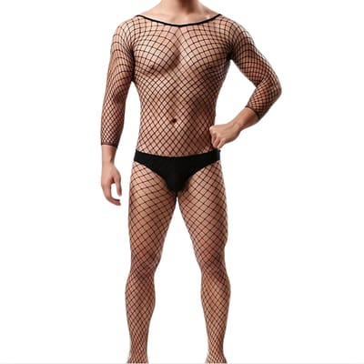 LekkerStout Heren Visnet Bodystocking - Zwart - Sexy Herenlingerie | M-XL | ( LS245 )
