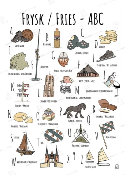 ABC Poster Fryslân / Friesland - 50 x 70 cm - Educatieve Letterposter met Handgetekende Illustraties - Kinderkamer & Wanddecoratie - Woondecoratie - Relatiegeschenk