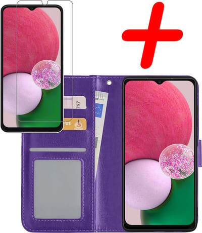 Hoesje Met Screenprotector - Geschikt voor Samsung Galaxy A13 4G - Luxe Pasjeshouder - Bookcase Portemonee - Flip Case - Kunstleer Book Case - Flipcase - Book Cover - Walletcase - Portemonneehoes - Paars