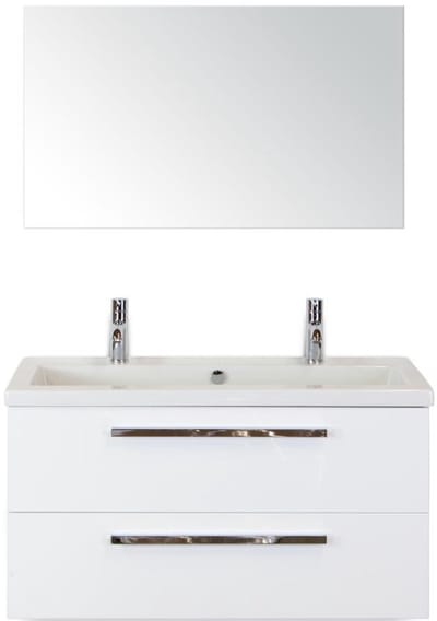 Seville Badmeubelset 100 cm - Wit Hoogglans - Wastafel Djazz 2 Kraangaten met Spiegel