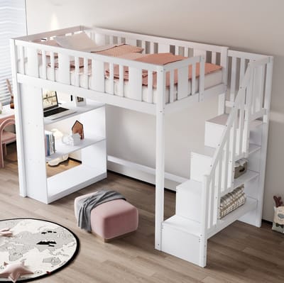 MEUNIQ Hoogslaper 90 x 200 cm met opbergtrap, 3 opbergvakken, veiligheidsrail en lattenbodem, kinderbed voor slaapkamer, wit, zonder matras