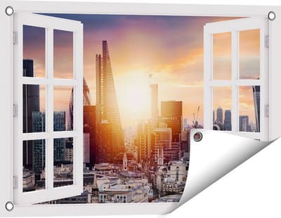 Gards Tuinposter Doorkijk Londen Stad bij Zonsopgang - 60x40 cm - Tuindoek - Tuindecoratie - Wanddecoratie buiten - Tuinschilderij