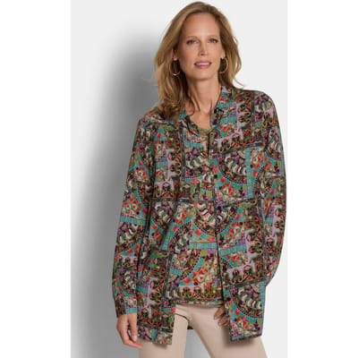 Langer geknipte blouse van pure viscose - meerkleurig / gedess. - Gr. 19 van Goldner Fashion