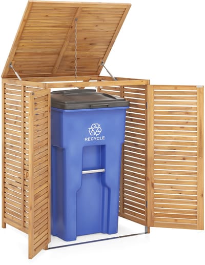 COSTWAY Vuilniscontainerhuis van hout, voor vuilnisbak, 120 l, afvalcontainerbekleding voor vuilniscontainerbox, afvalcontainerbescherming met deur en deksel, opbergdoos voor vuilnisbakken,