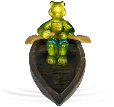 Decoratie voor waterpartij in de tuin - Schildpadbeeld - Schildpad in een houten boot - Decoratie voor tuin, waterpark, terras en patio - Hars - Natuurlijke stijl - Geschikt voor tuin-, terras- en waterpartijontwerpen - Groen