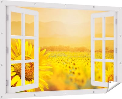 Gards Tuinposter Doorkijk Zonnebloemen Veld met Zonopkomst - 180x120 cm - Tuindoek - Tuindecoratie - Wanddecoratie buiten - Tuinschilderij