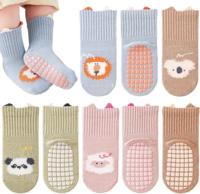 4 Paar Antislip Baby Sokken Dik Katoen Winter Sokjes met Dierenprint