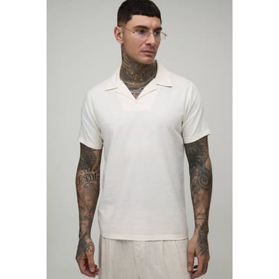 Tall Linen Blend Slim Revere Polo T-Shirt | Natural | Size Small