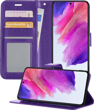 Hoesje - Met Pasjeshouder - Geschikt voor Samsung Galaxy S21 FE - Luxe Bookcase Portemonee - Flip Case - Kunstleer Book Case - Flipcase - Book Cover - Walletcase - Portemonneehoes - Telefoonhoesjes - Paars