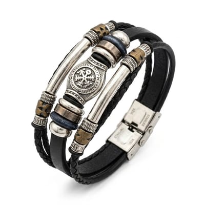 Heren armband – zwart PU leren armband met metalen en kralen details – verstelbare sluiting