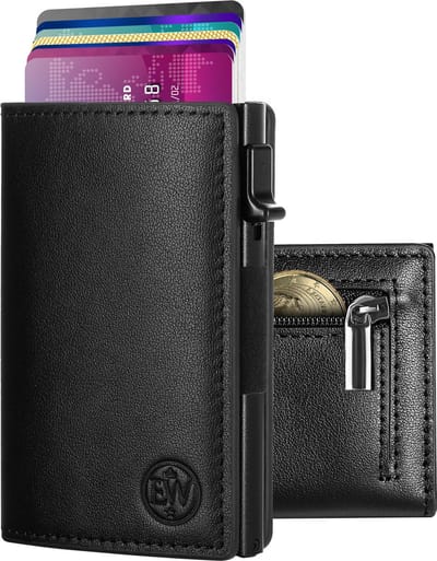 EliteWallets® Pasjeshouder Smart Zip - Uitschuifbaar met Ritsvakje - Kaarthouder voor Mannen en Vrouwen - Nappa Leer - RFID Bescherming - Pashouder voor 10 Pasjes en Muntgeld - Zwart