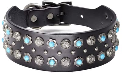 Hondenhalsband Zwart Leer met blauwe stenen | Handgemaakte Hondenhalsband Leer | BLUESTONE Halsband Maat XL | Unieke Hondenhalsband | Petshop Seven