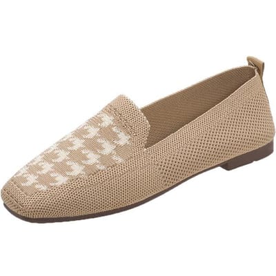Mocassins pour femmes Tricotés Pied-de-poule Chaussures à enfiler Printemps Mocassins plats pour dames Coupe large Zapatos De Mujer 38 gris-marron