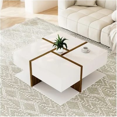 78cm salontafel, rechthoekig, met 4 verborgen lades, moderne stijl, geometrisch ontwerp, houten woonkamertafel - wit