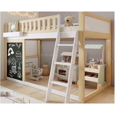 ModernLuxe Mezzanine bed 90x200cm - met ladder en schoolbord - met veiligheidsleuning - massief hout + MDF - Wit + Natuur (zonder matras)