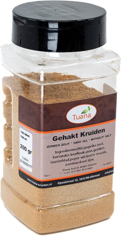 Tuana Kruiden - Gehakt Kruidenmix Zonder Zout - Strooibus 140 Gram - Tuanashop - MP-G-0005