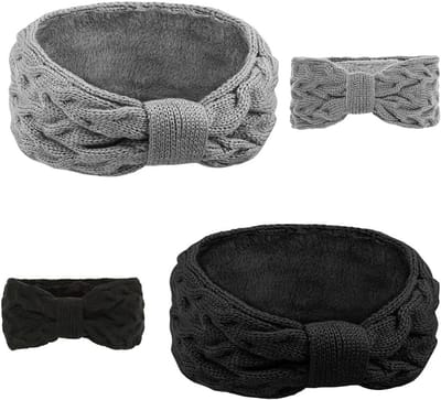 Set van 2 Warme Fleece Haarbanden voor Dames - Elastische en Gebreide Haarbanden voor Herfst en Winter, Zwart en Grijs, Perfect voor Koude Dagen en Sportactiviteiten
