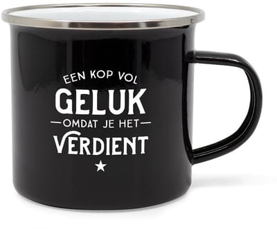Mok - Beker van Metaal - Gevuld met Snoep - Koffie - Een Kop Vol Geluk Omdat Je Het Verdient - lint: "Speciaal voor jou" - Cadeauverpakking