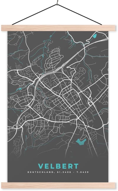 Posterhanger incl. Poster 40x60 cm - Schoolplaat - Plattegrond – Velbert – Blauw – Stadskaart – Kaart - Duitsland - Textielposter - Blanke latten - Stadskaart