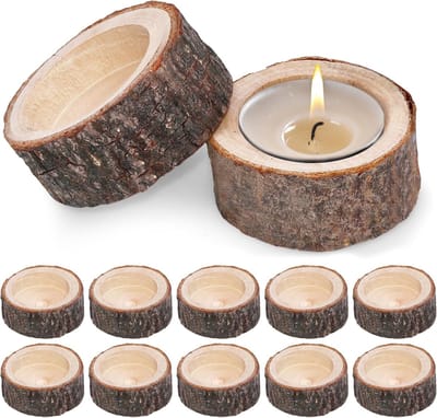 Houten theelichthouders - Kaarsenhouders votief - Sfeervolle Decoratie - Natuurlijk Boom Schors - 12 stuks - Houtkleur