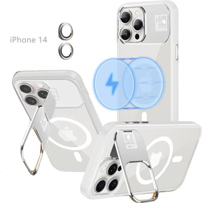 Hoesje voor iPhone 14 met Standaard, Compatibel met MagSafe, Acryl + TPU Case, Hoes ingebouwde Stash Stand-telefoonhoes, Ultradun-Wit