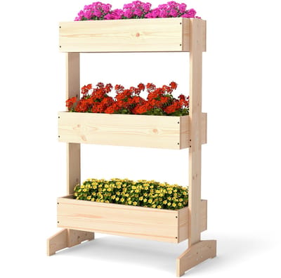 COSTWAY Verticaal verhoogd bloembed met 3 etages, bloembed met 3 plantenbakken, bloementrap, tuinbed, dennenhout, bloembak voor terras, balkon, tuin, natuur, 69 x 39 x 109 cm