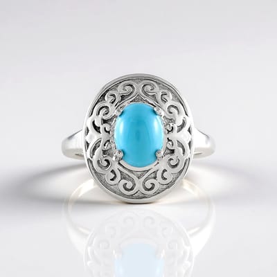 Cavill - 925 Sterling Zilver Ring met 1,251 ct Sleeping Beauty Turkoois - Ovaal Cabochon - Filigraan Elegant Design - Dames Sieraden
