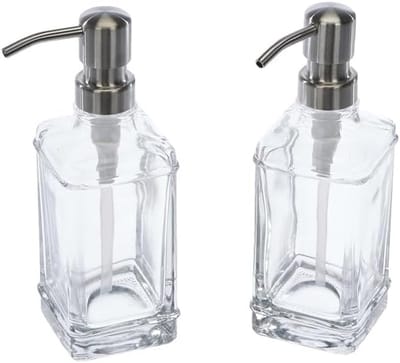 glazen zeep, 350 ml druppelloze roestvrijstalen pompfles, navulbare vloeibare handpotdispenser voor badkamer, aanrecht, keuken met 8 waterdichte etiketten - 2 stuks