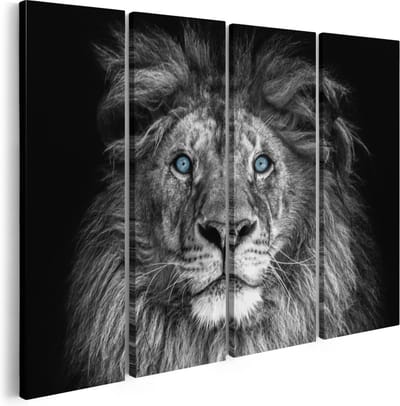 Artaza Canvas Schilderij Vierluik Leeuw Met Blauwe Ogen - Zwart Wit - 160x120 cm - Groot - Wanddecoratie Woonkamer - Schilderijen - Muurdecoratie