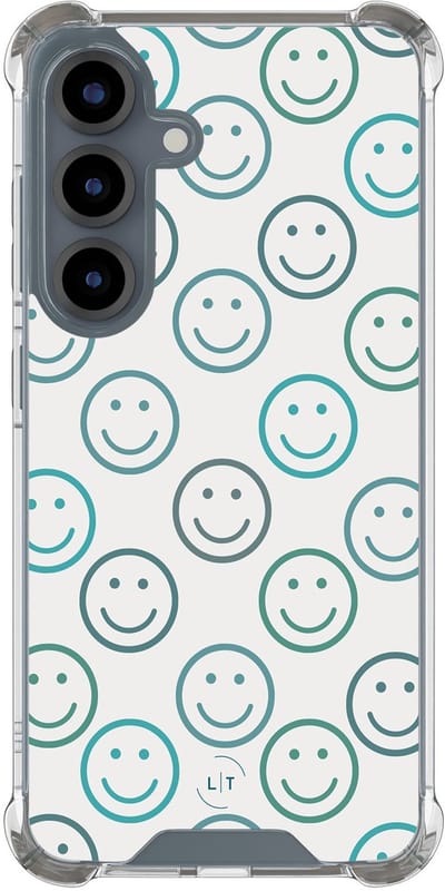 Shockproof hoesje - Geschikt voor Samsung Galaxy S25 - Happy faces - Extra sterke case - TPU/polycarbonaat - Print / Illustratie - Blauw, Transparant