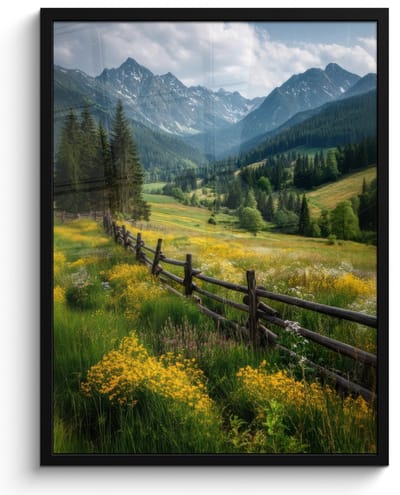 Poster in lijst - Fotolijst 50x70 cm - Posters - Veld - Hek - Bergen - Bloemen - Posterlijst zwart - Decoratie - Wanddecoratie woonkamer - Muurdecoratie slaapkamer