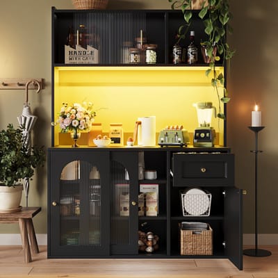 Keuken kasten - vitrinekasten - eetkamers kasten met verstelbare planken - sideboards met LED-verlichting - zwart