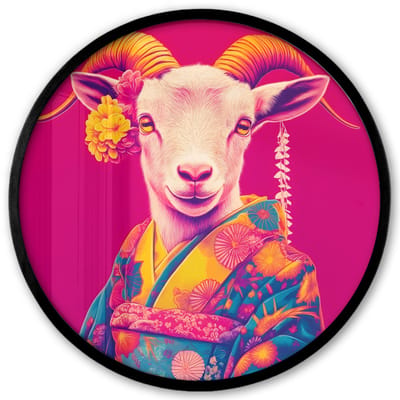 Poster in lijst Rond - Fotolijst 40x40 cm - Posters - Geit - Hoorns - Kimono - Kleurrijk - Ronde posterlijst zwart - Decoratie - Wanddecoratie woonkamer - Muurdecoratie slaapkamer
