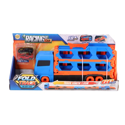 KiddyGo auto transporter speelgoed vrachtwagen met racebaan en 2 metalen auto's.