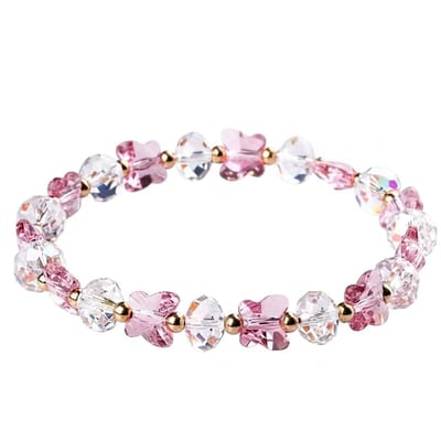 Roze en transparante kralen armband voor dames – elastische armband met glaskralen en goudkleurige details