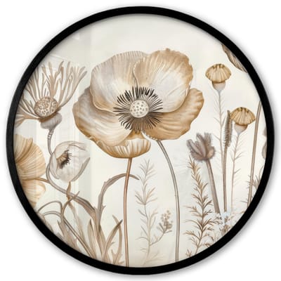 Poster in lijst Rond - Fotolijst 40x40 cm - Posters - Bloemen - Beige - Natuur - Illustratie - Ronde posterlijst zwart - Decoratie - Wanddecoratie woonkamer - Muurdecoratie slaapkamer