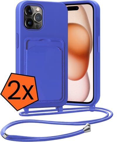 Hoesje Geschikt voor iPhone 14 Pro Max Hoesje Met Telefoonketting Pasjeshouder Case Koord - Hoesje Geschikt voor iPhone 14 Pro Max Hoes Met Kaarthouder - Felblauw - 2 PACK