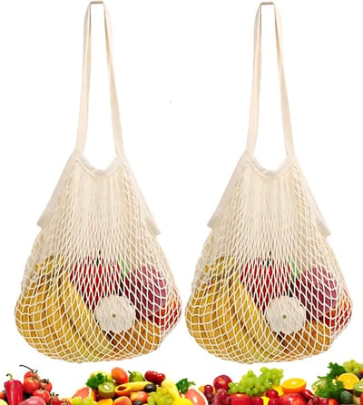 Grote Herbruikbare Katoenen Netten - Set van 2 - Wasbare Mesh Tas (35 x 36 cm) voor Zand Speelgoed, Fruit en Groenten, Duurzaam en Milieuvriendelijk