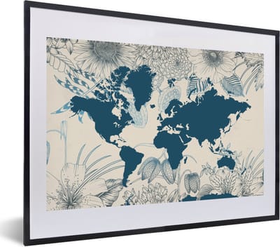 Poster in lijst - Fotolijst 60x40 cm - Posters - Wereldkaart - Blauw - Bloemen - Posterlijst zwart - Decoratie - Wanddecoratie woonkamer - Muurdecoratie slaapkamer