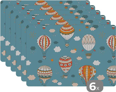 Placemat - Placemats kunststof - Retro - Luchtballon - Pastel - Kinderen - Design - 45x30 cm - 6 stuks - Hittebestendig - Anti-Slip - Onderlegger - Afneembaar