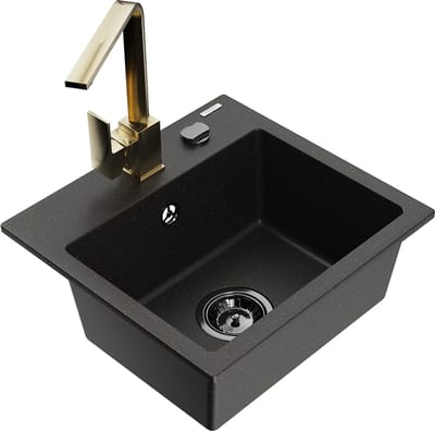 Mexen Milo granieten spoelbak 1-komorig met keukenmengkraan Rita, zwart/goud metallic - 6505-75-670300-50-B